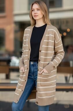 WHITE BIRCH Sweater Size S / Size M Cardigan Pockets Buttons Tan White Stripe